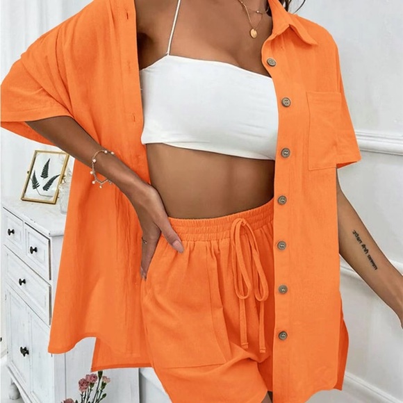 Two Piece Shorts Set Button Down Elastic Waist Shorts Orange Size XL - Picture 1 of 11